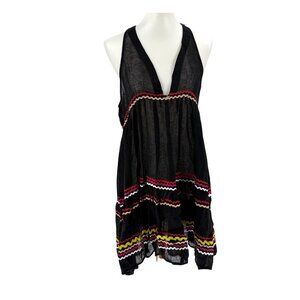 Muche Et Muchette Black Multicolor 100% Linen Halter Coverup Dress O/S